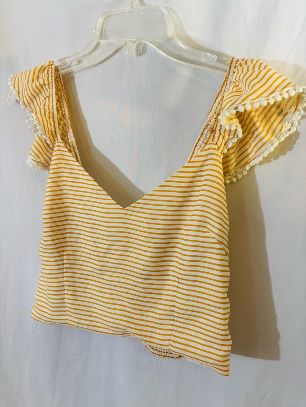 Yellow Striped Crop Top Flutter Sleeve Pom Trim Womens L